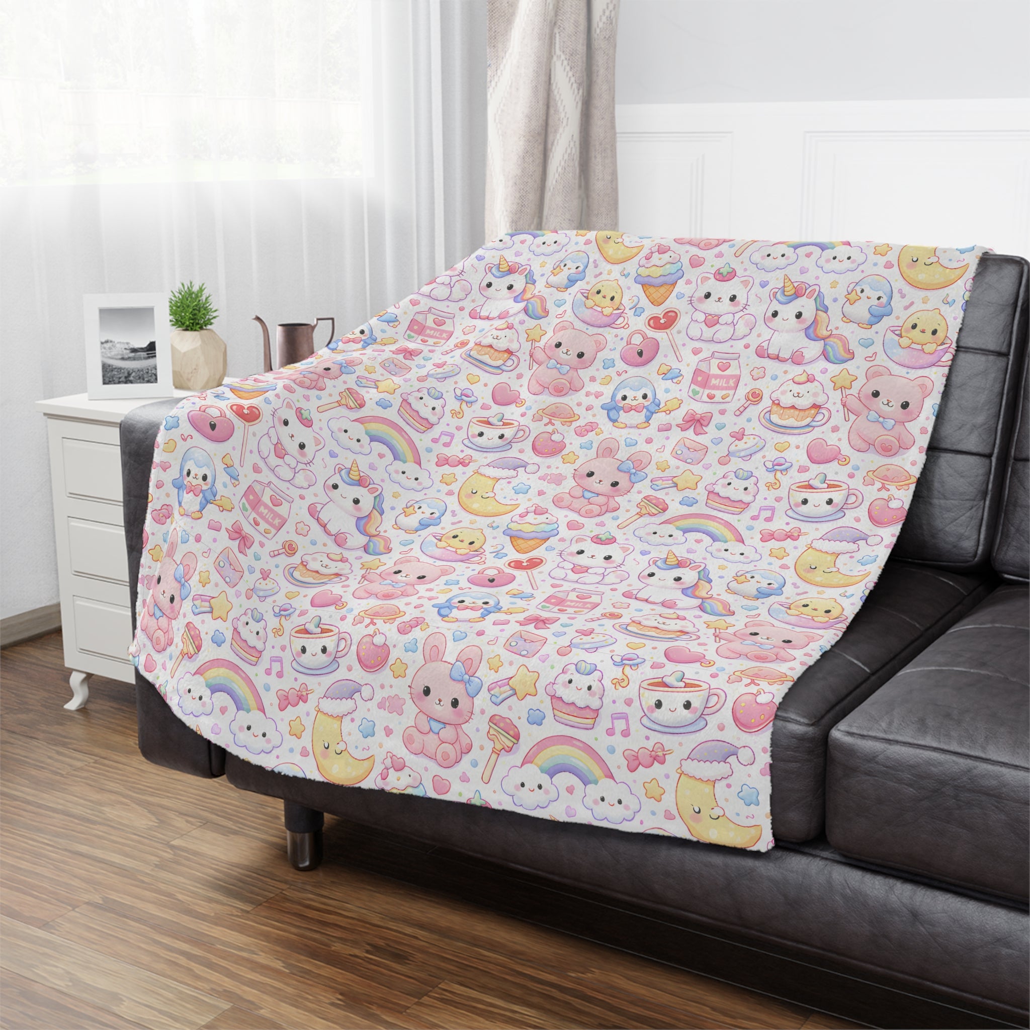 Cute Kawaii Pastel Minky Blanket | Cute Animal Pattern, Rainbows